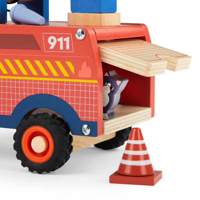 Wooden toy fire truck with a penguin figure inside, on a white background