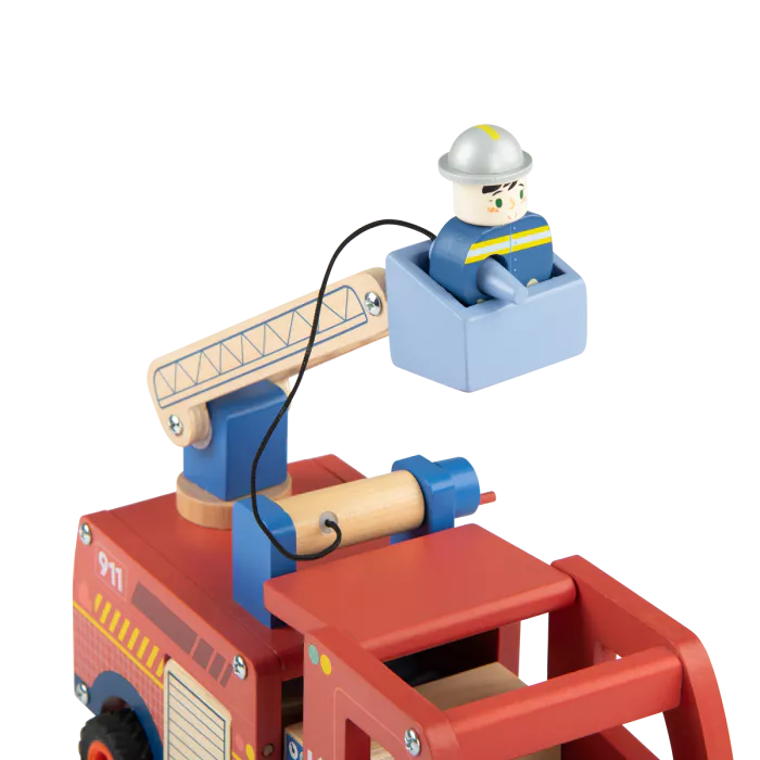 Wooden toy fire truck with a firefighter figure on a white background