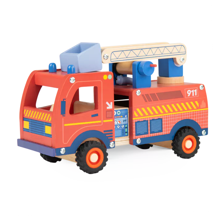 Wooden toy fire truck with red body, blue accents, and orange wheels on a white background