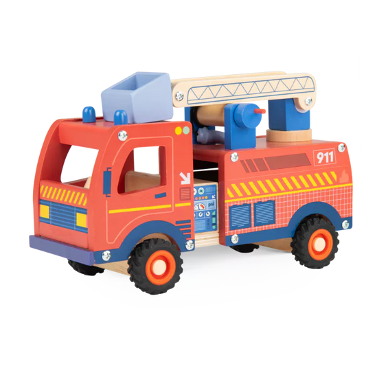 Wooden toy fire truck with red body, blue accents, and orange wheels on a white background