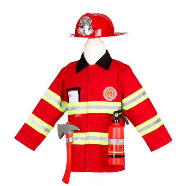 A children's firefighter costume displayed on a mannequin torso, including a red helmet, red jacket with reflective yellow stripes, a red fire extinguisher, and a toy axe, against a plain white background.