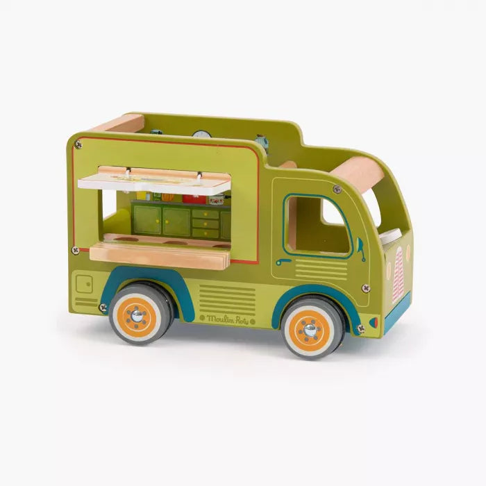 Toy food truck with a green body and wooden accents on a white background
