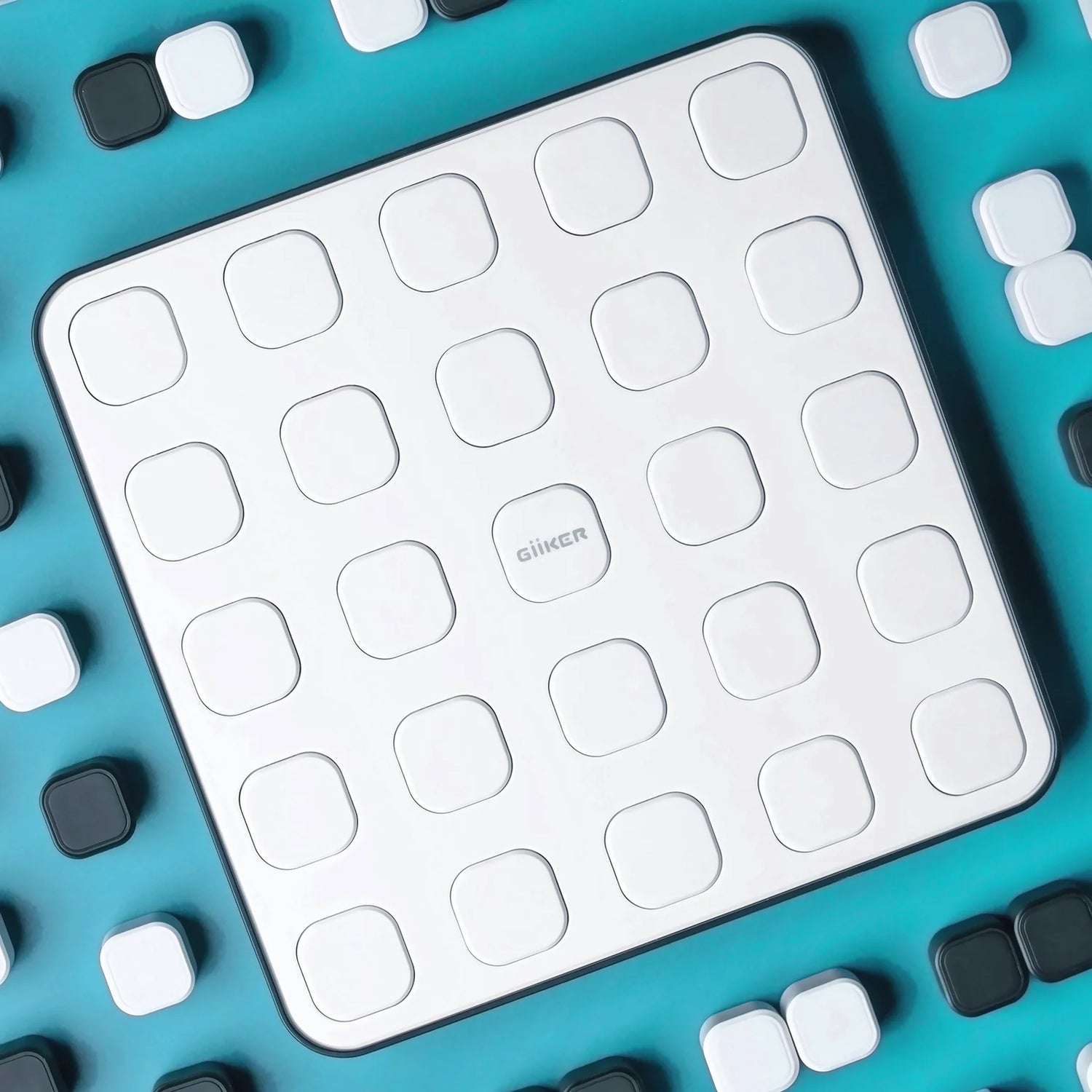 Sheet of square stickers with a brand logo on a blue background