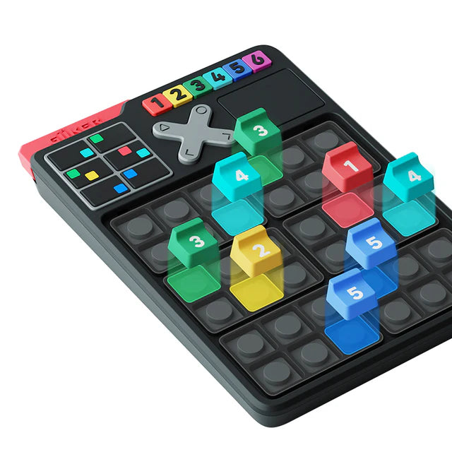 Colorful mathematical operations game with numbered tiles on a black base