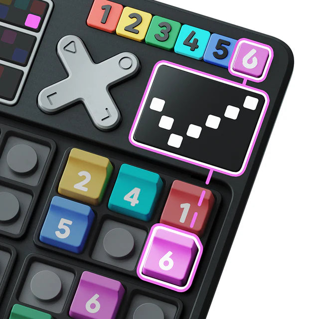 Close-up of a colorful calculator with number keys and a clear display.