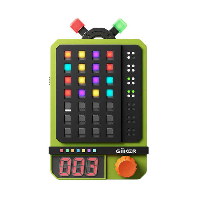 Colorful electronic device with buttons and display on a white background