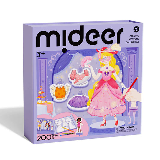 Mideer costume collage set packaging with illustrations of a princess and castle on a white background