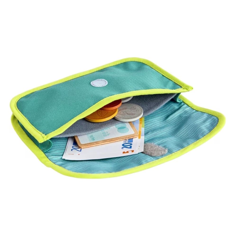 Teal pouch with green trim containing money, coins, and a card on a white background