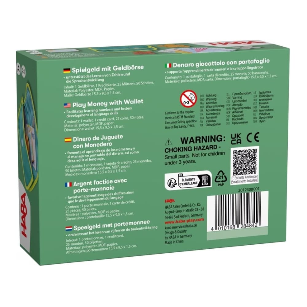 HABA toy packaging with green background and multiple languages