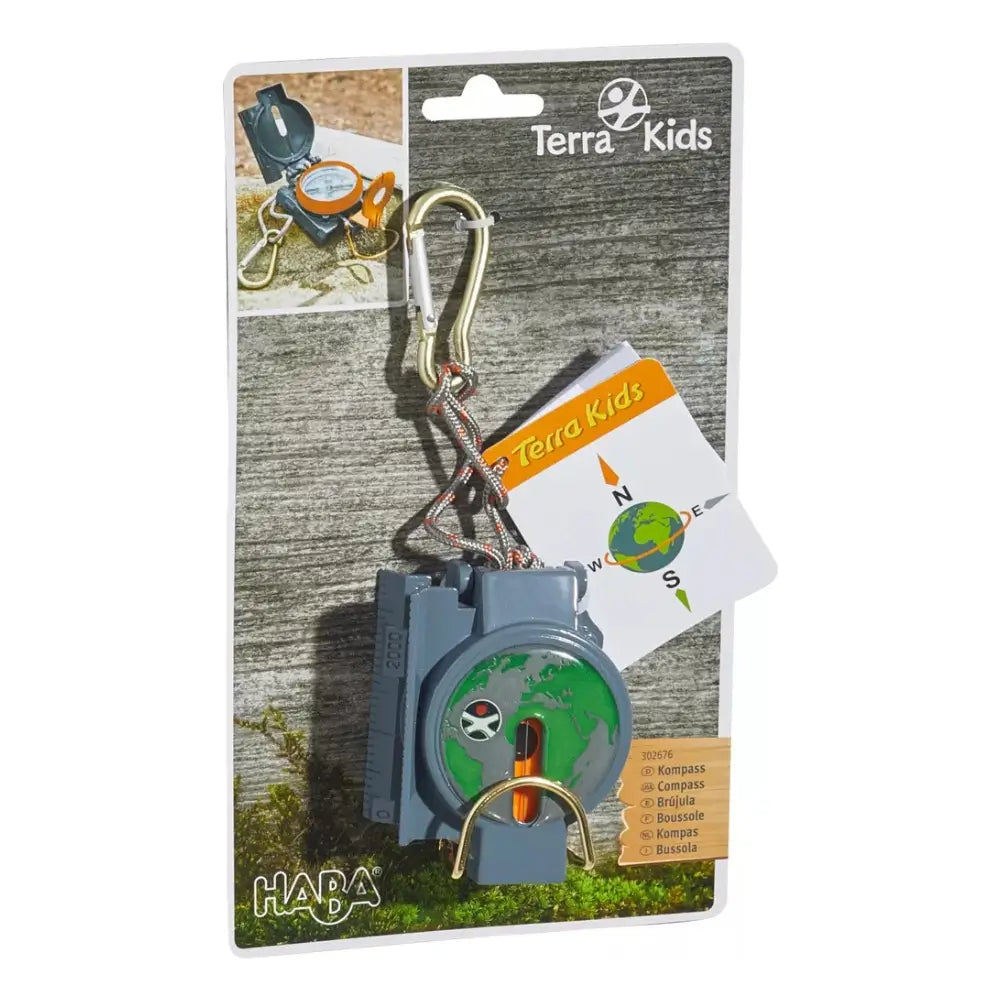 Terra Kids keychain with compass and carabiner on packaging