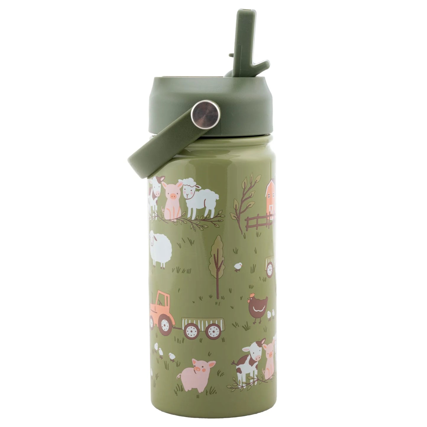 Insulated Stainless Steel Water Bottle with Handle Farm: Insulated Water Bottle with Pivoting Handle 14oz. For Kids 3+
