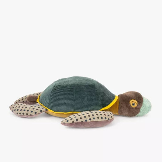 Plush turtle toy with green shell and brown body on a white background