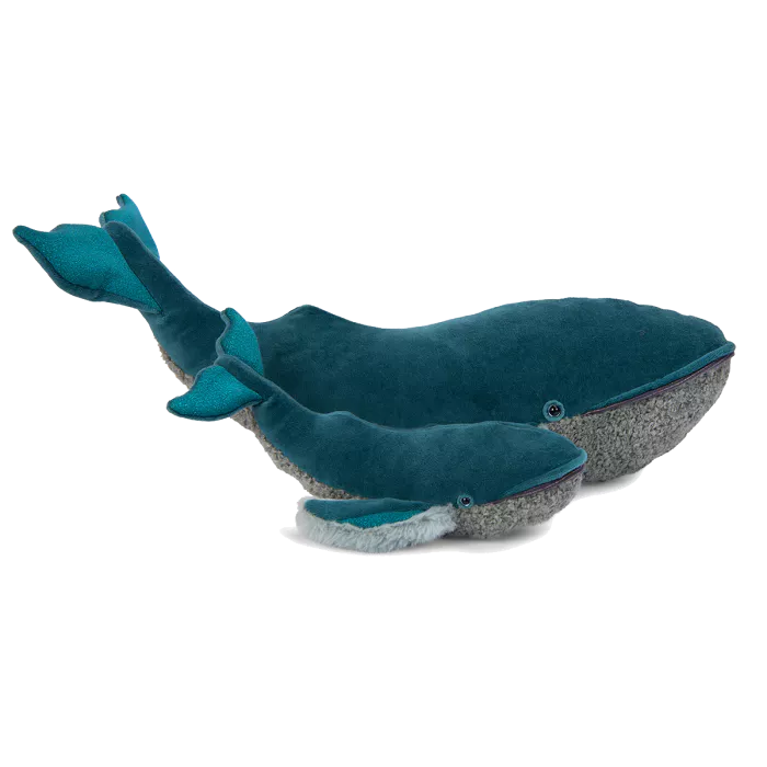 Blue plush whale toy on a white background