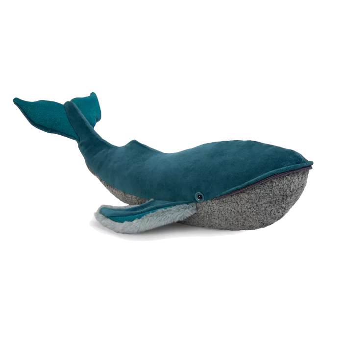 Plush whale toy with a textured gray bottom on a white background