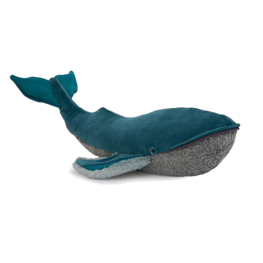 Plush whale toy with a textured gray bottom on a white background