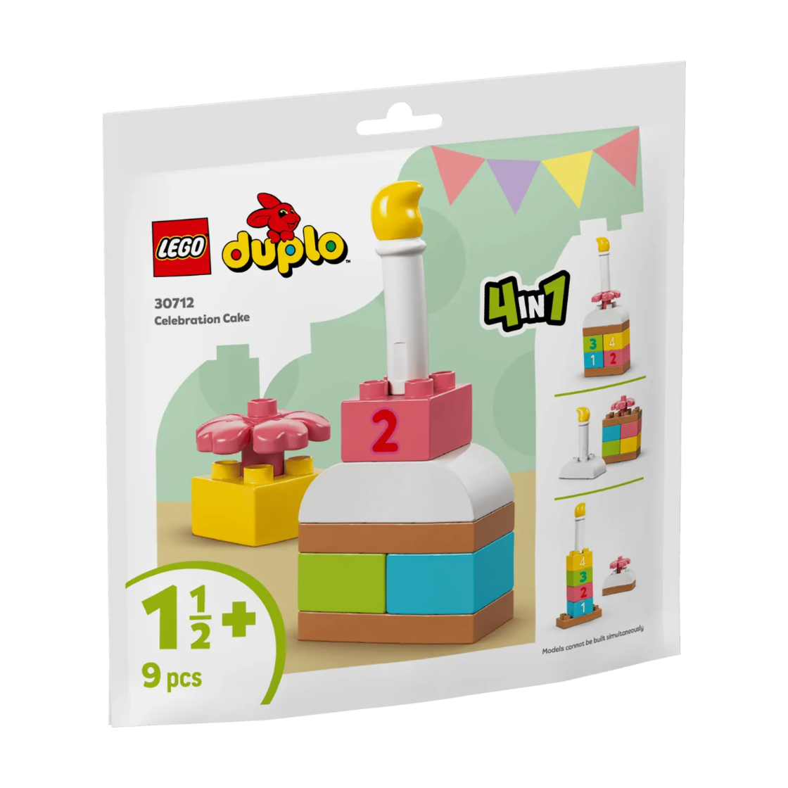 LEGO Duplo Celebration Cake 30712 building set in its original retail packaging, featuring a 4-in-1 toy cake with a white body, pink top, yellow candle, and colorful base blocks.