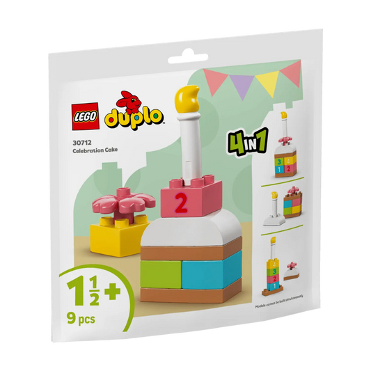 LEGO Duplo Celebration Cake 30712 building set in its original retail packaging, featuring a 4-in-1 toy cake with a white body, pink top, yellow candle, and colorful base blocks.