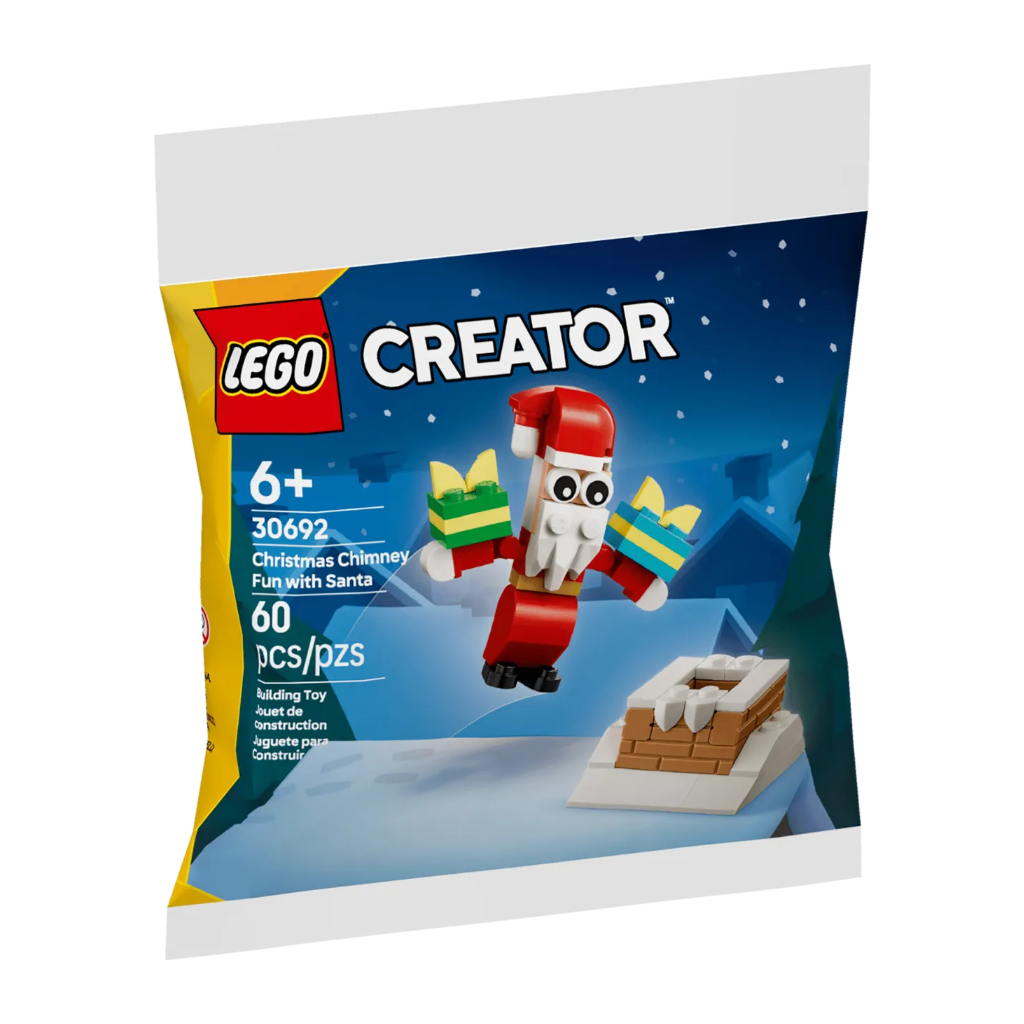 LEGO Creator Christmas Chimney Fun with Santa toy set packaging, showing a LEGO Santa figure holding two gift boxes against a snowy night sky background, with the LEGO brand logo and product text visible.