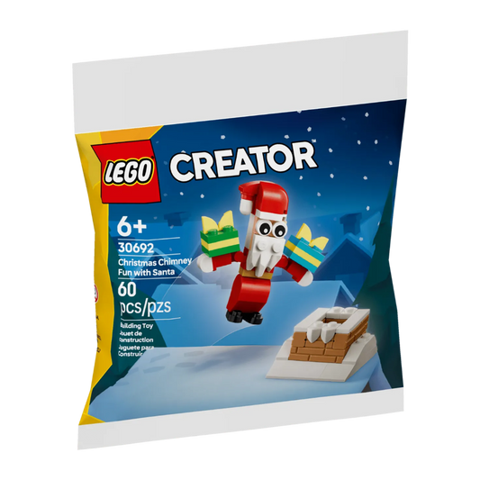 LEGO Creator Christmas Chimney Fun with Santa toy set packaging, showing a LEGO Santa figure holding two gift boxes against a snowy night sky background, with the LEGO brand logo and product text visible.