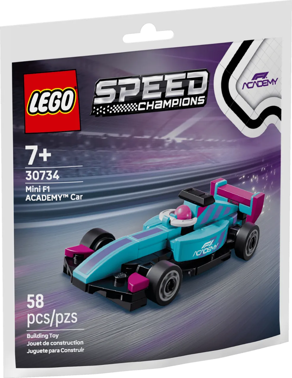 Mini F1 ACADEMY Car, Lego, For Kids 7+, Speed Champions Collection 58 Pieces, 30734