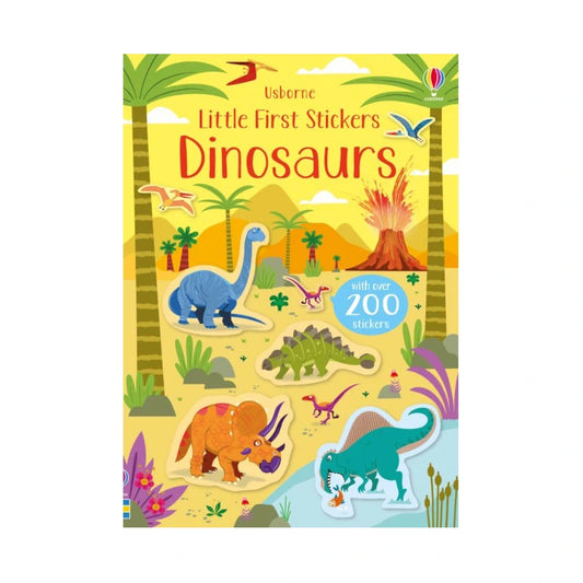 Book cover of 'Little First Stickers Dinosaurs' by Usborne with colorful dinosaurs and palm trees on a yellow background.