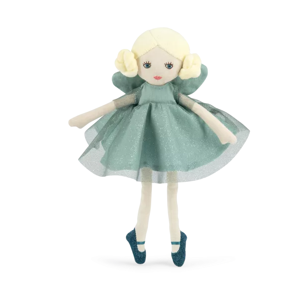 Toy doll with a green dress on a white background