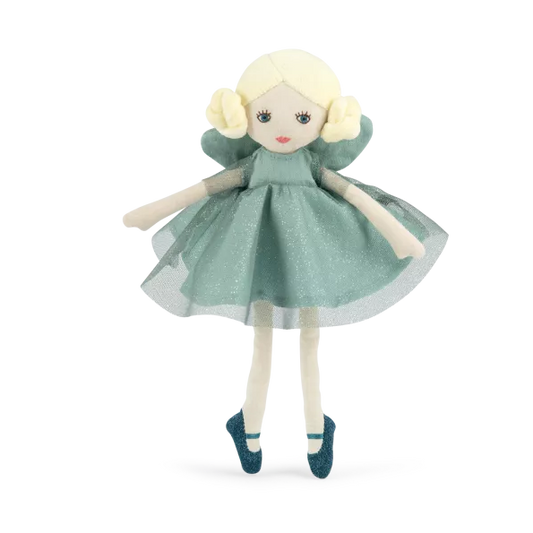 Toy doll with a green dress on a white background