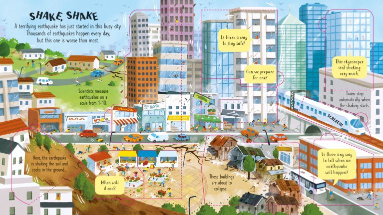 Illustrated cityscape showing effects of an earthquake with text labels.