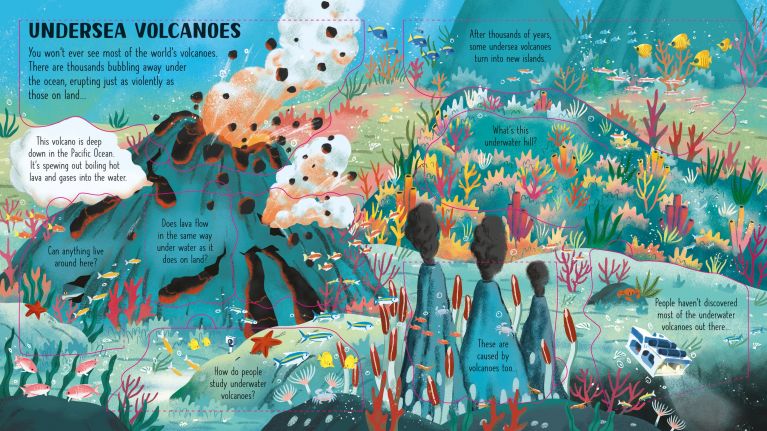 Illustration of underwater scene with people observing marine life, including a whale and colorful fish.