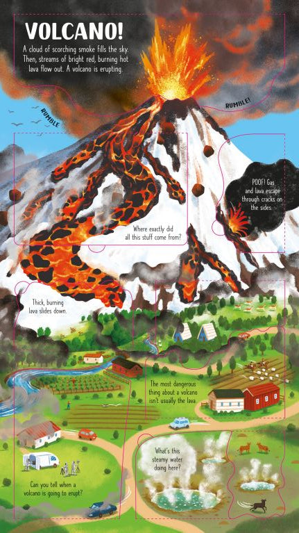 Illustration of a volcano eruption with a contrasting peaceful village scene.