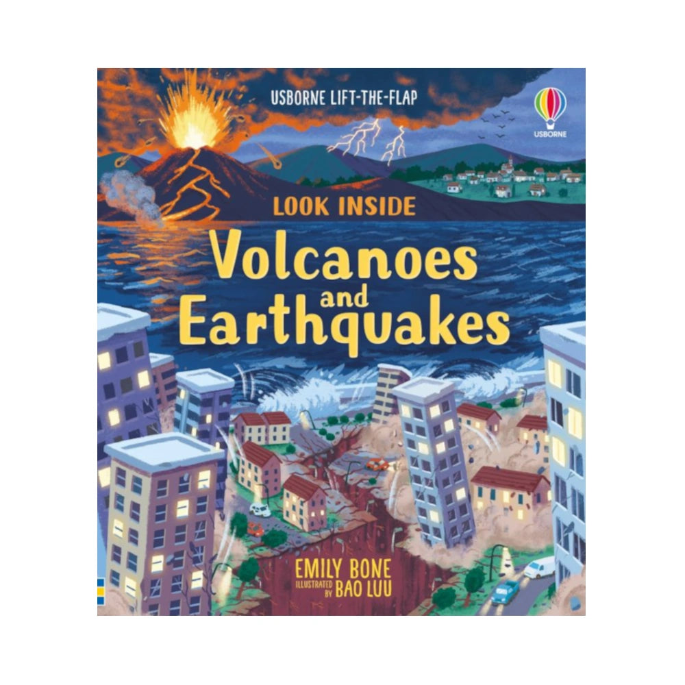 Book cover of 'Volcanoes and Earthquakes' with a cityscape and volcano illustration.