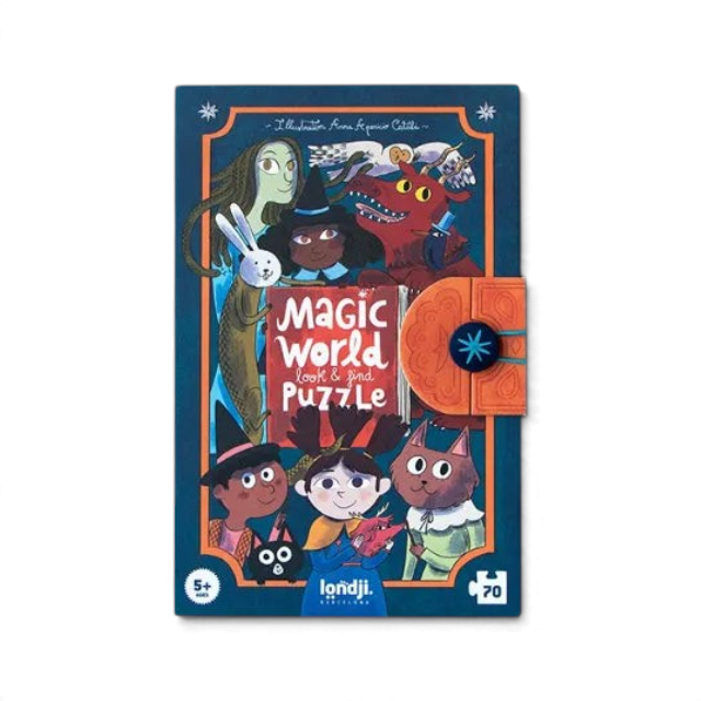 One Two Play Magic World 70-piece look and find puzzle box featuring whimsical illustrations of mythical creatures.