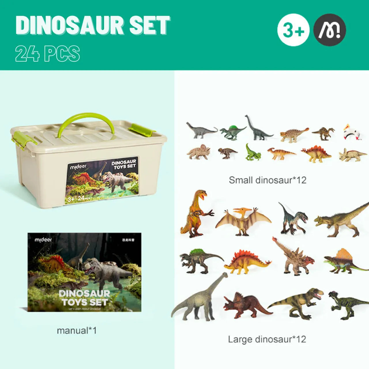 Dinosaur Toys Set: 24 Pieces, Dinosaur Toy Set for Kids 3+