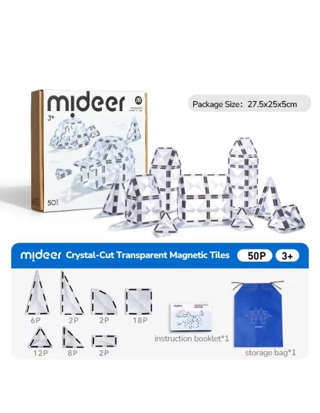 Diamond-Cut Transparent Magnetic Tiles for Kids 3+, 50 Pieces