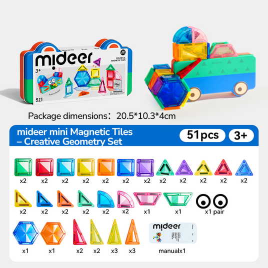 Mini Creative Geometry, Colourful Magnetic Tiles for Kids, 51 Pieces