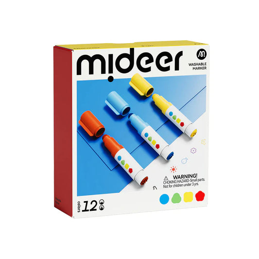 Box of mideer washable markers with colorful markers on a blue background