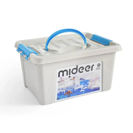 Gray storage box with blue handles and a Mideer label on a white background