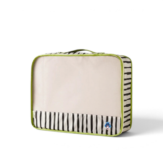 One Two Play Mistwood medium storage bag with beige mesh, black and white stripes, and bright green trim.