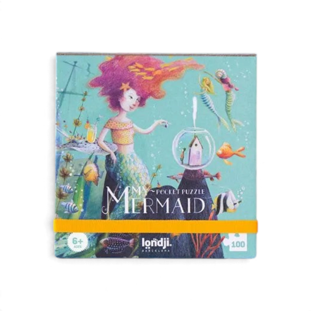 One Two Play My Mermaid 100-piece pocket puzzle featuring a colourful underwater scene in a compact travel box.