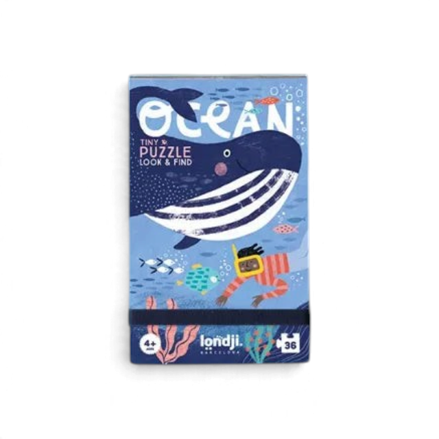 One Two Play Ocean 36-piece tiny pocket puzzle featuring a whale and sea creatures in a compact travel box