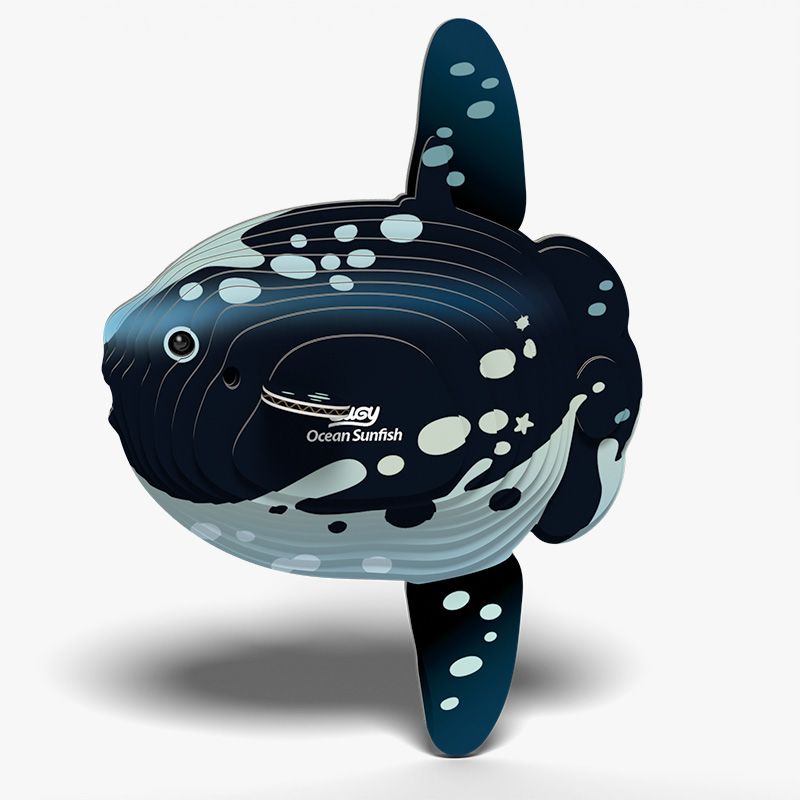 Model of an ocean sunfish with a visible brand logo on a white background