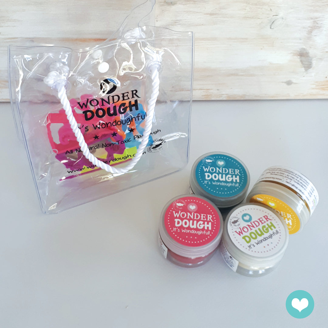 One Two Play Wonderdough Princess Mini Set with 4 tubs of coloured dough and princess themed cutters in a clear bag.