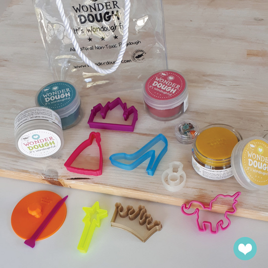 One Two Play Wonderdough Princess Mini Set with 4 tubs of dough, princess cutters including crown, dress, high heel, unicorn, wand, and tools.