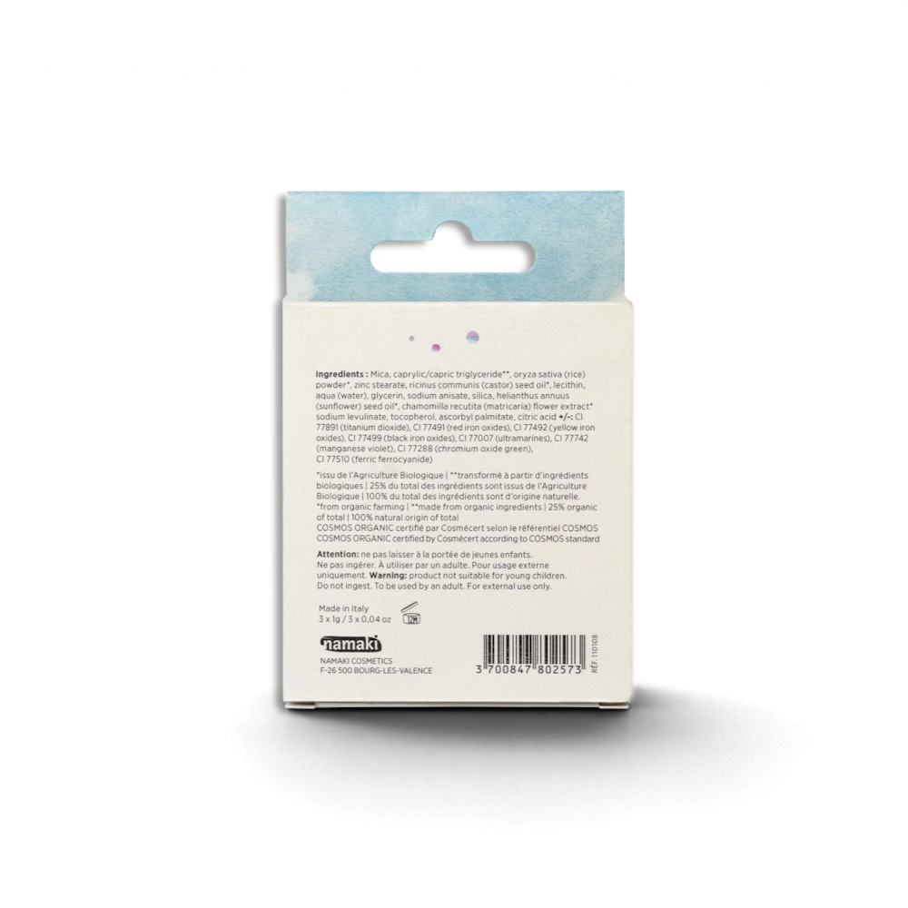 Back of One Two Play Winter 3 eyeshadows packaging showing ingredients list, barcode, and organic certification info.
