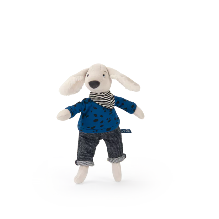 Stuffed toy dog wearing a blue sweater and striped shirt on a white background