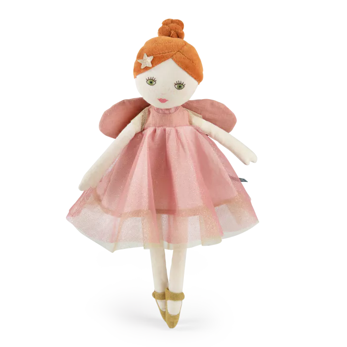 Toy fairy doll with a pink dress and orange hair on a white background