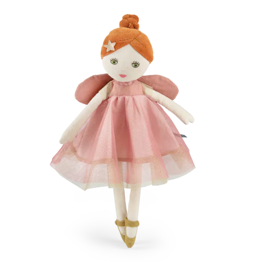 Toy fairy doll with a pink dress and orange hair on a white background