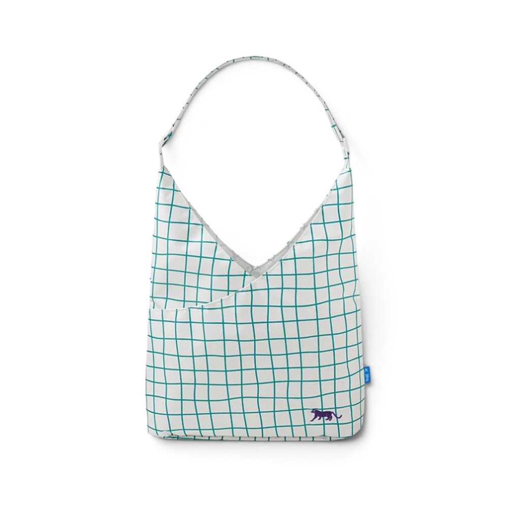 One Two Play Rainwalk shoulder bag for kids in white with a teal grid pattern and a small purple animal icon