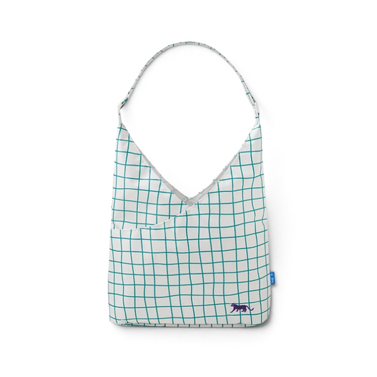 One Two Play Rainwalk shoulder bag for kids in white with a teal grid pattern and a small purple animal icon