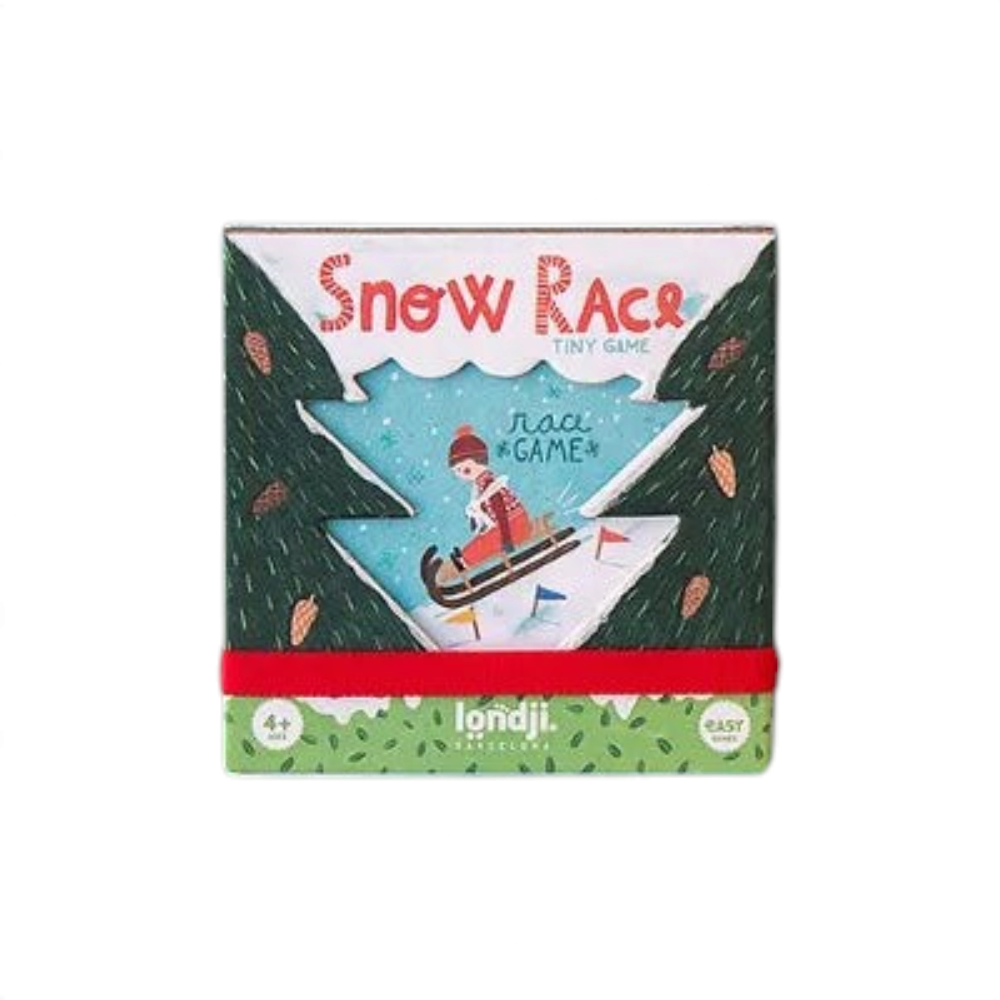 One Two Play Snow Race compact travel board game for kids featuring a winter sledding illustration on cardboard